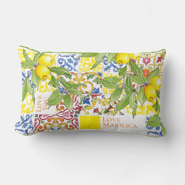 Almofada Lombar Azulejos italianos majolica coloridos da Trendy (Frente)