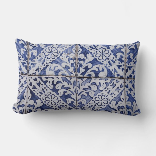 Almofada Lombar Azulejos Portugueses - Azulejo Azul e Branco Flora (Frente)