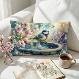 Almofada Lombar Banho de Pássaros de Primavera em Aquarela