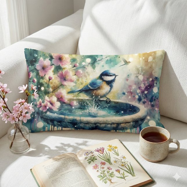 Almofada Lombar Banho de Pássaros de Primavera em Aquarela (Spring Bird Bath Watercolor Lumbar Pillow Mockup A)