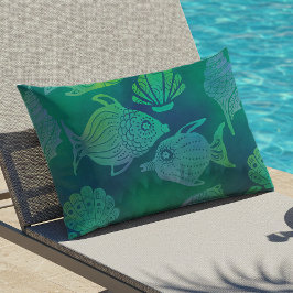 Almofada Lombar Batik Costeiro de Peixes e Conchas Azul