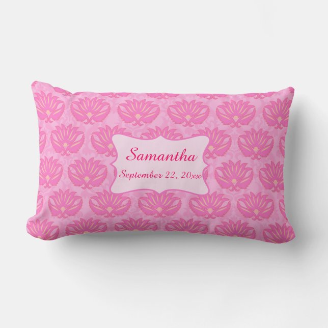 Almofada Lombar Bebê, Damask Rosa, Nome Particularmente Nascido (Frente)