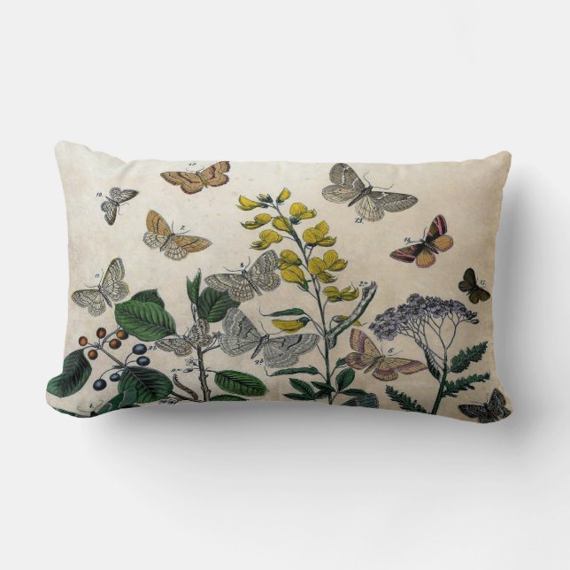 Almofada Lombar Bege rústico das borboletas florais botânicas do (Frente)