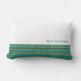 Almofada Lombar Bem-vindo | Teal Branco e Padrão de Stripe Laranja