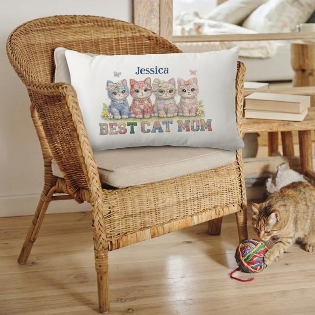Almofada Lombar Best Cat Mom Patchwork Funny Personalized Pillow (Criador carregado)