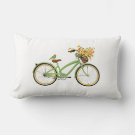 Almofada Lombar Bicicleta Com Cesto de Pássaro e Flor Verde Amarel