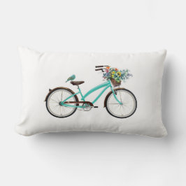 Almofada Lombar Bicicleta Com Cesto de Pássaro e Flores Azul Turqu