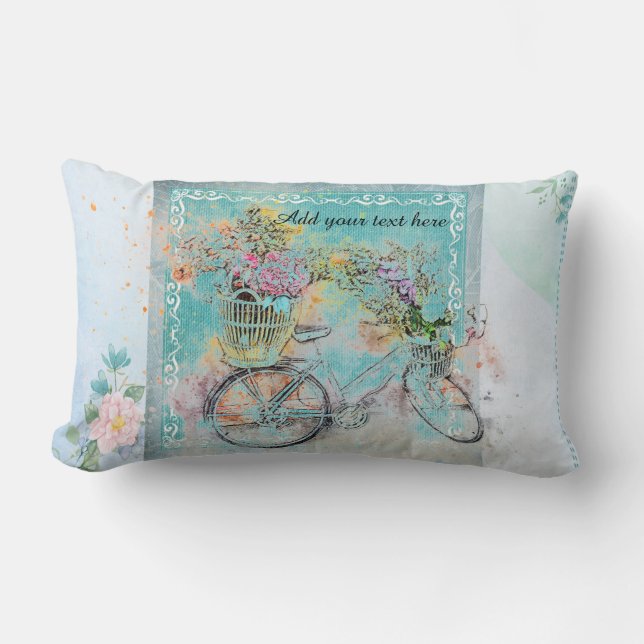 Almofada Lombar Bicicleta com cestos de flores em burlap azul (Frente)
