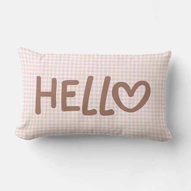 Almofada Lombar Blush Gingham Mocha Whimsical Heart Hello (Frente)