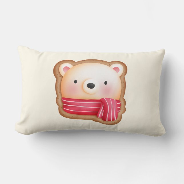 Almofada Lombar Bonito Urso Rosto num Biscoito de Natal Vermelho (Frente)