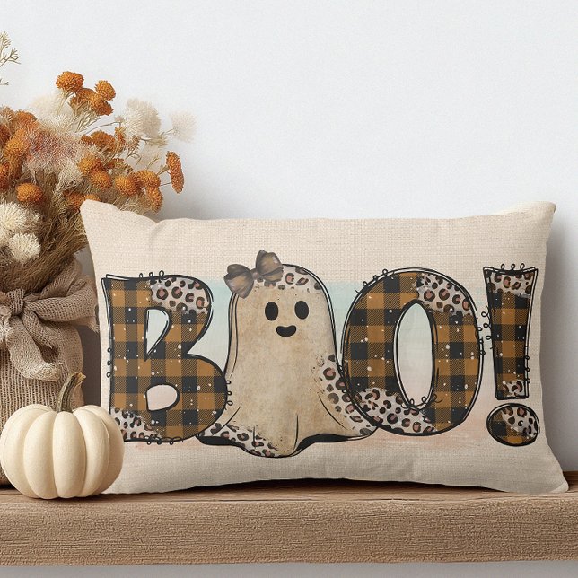 Almofada Lombar Boo Orange Black Xadrez Halloween (Cute but Spooky Ghost Halloween Pillow)