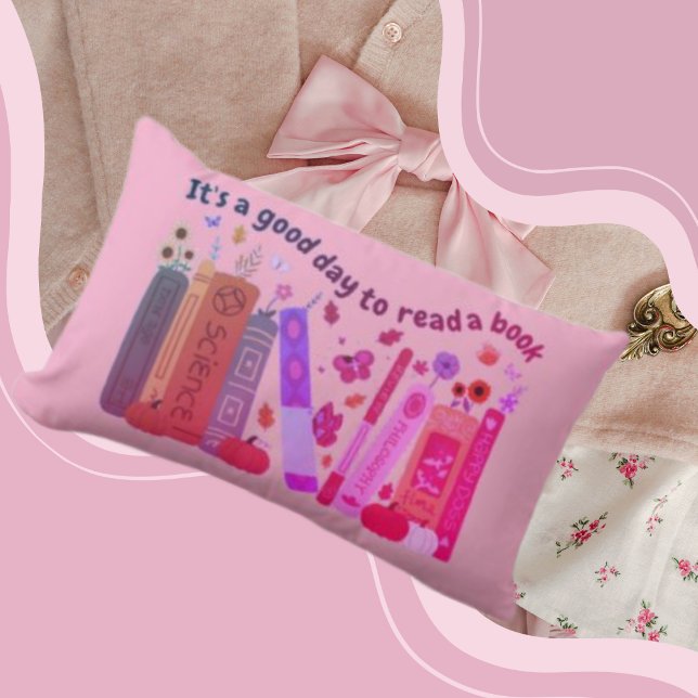 Almofada Lombar Bookish book Lovers, Orange Pumpkin & Fall Leaves (Bookish book Lovers Lumbar Pillow light pink color, cute orange pumpkin, fall/autumn, Its A Good Day)