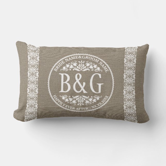 Almofada Lombar Bride&Groom personalizado Burlap&Lace (Frente)