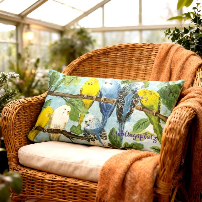 Almofada Lombar Bunte Wellensittiche - handgemalt | Kissen (Lendenkissen mit vielen niedlichen Wellensittiche - handgemaltes Motiv, personalisierbar)
