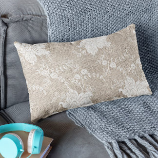 Almofada Lombar Burlap bege bege-cinzento-russo e renda branca