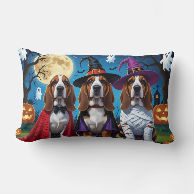 Almofada Lombar Cachorros de Basset Pumpkin Halloween Engraçado (Frente)