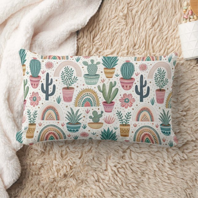 Almofada Lombar Cactus Pot with Plants, Flowers and Rainbows (Cobertor)