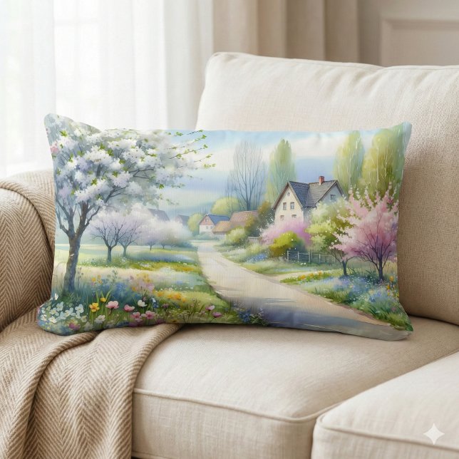 Almofada Lombar Caminho do País das Flores Encantadas (Enchanted Blossom Country Lane Lumbar Pillow Mockup 4)