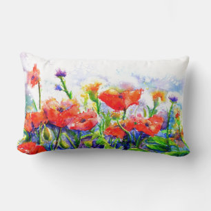 Almofada Lombar Campos vermelhos - pintura floral aquosa