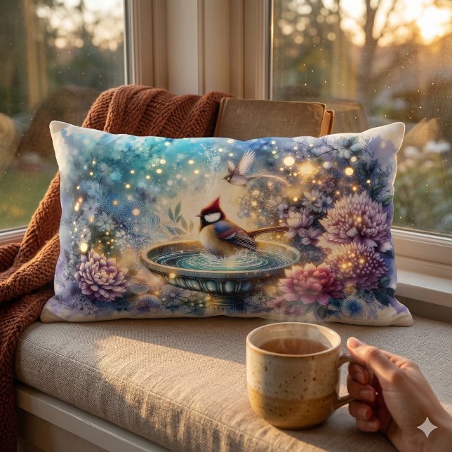 Almofada Lombar Cardinal at Birdbath Dreamy Garden Ar (Cardinal at Birdbath Dreamy Garden Ar Lumbar Pillow Mockup D)