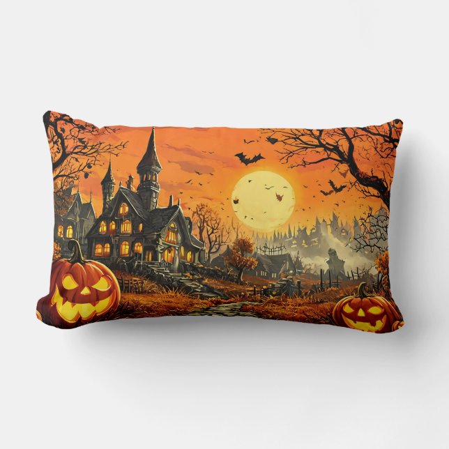 Almofada Lombar Casa Assombrada Com Jack-O'-Lanterns (Frente)