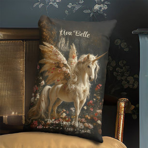Almofada Lombar Cavalo Fada Unicórnio Com Asas de Pena Floral Made