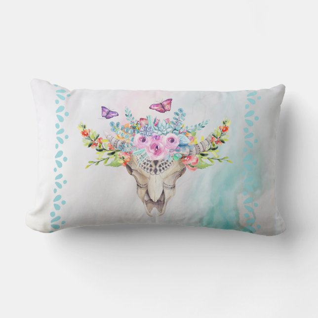 Almofada Lombar Caveira Animal Boho com Borboletas e Flores (Frente)