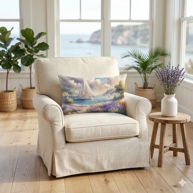 Almofada Lombar Cena de Aquarela do veleiro da Costa Lavanda (Lavender Coast Sailboat Watercolor Scene Lumbar Pillow On Chair)
