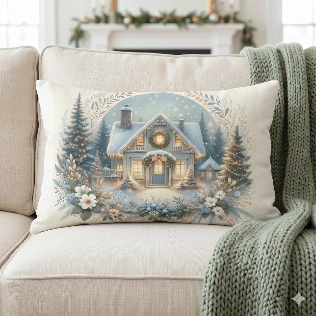 Almofada Lombar Cena de Brilho da Cabana Nevada (Snowy Cottage Glow Scene Lumbar Pillow)