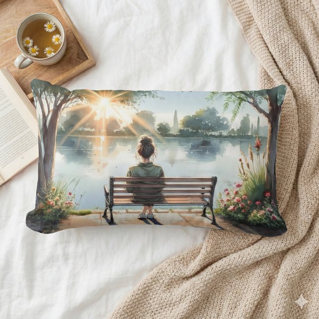Almofada Lombar Cena do Lago com Reflexos do Pôr do Sol (Sunset Reflections Lake Scene Lumbar Pillow Mockup A )