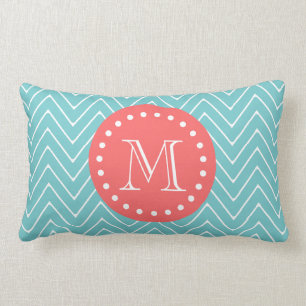 Almofada Lombar Cerceta e Chevron coral com monograma feito sob