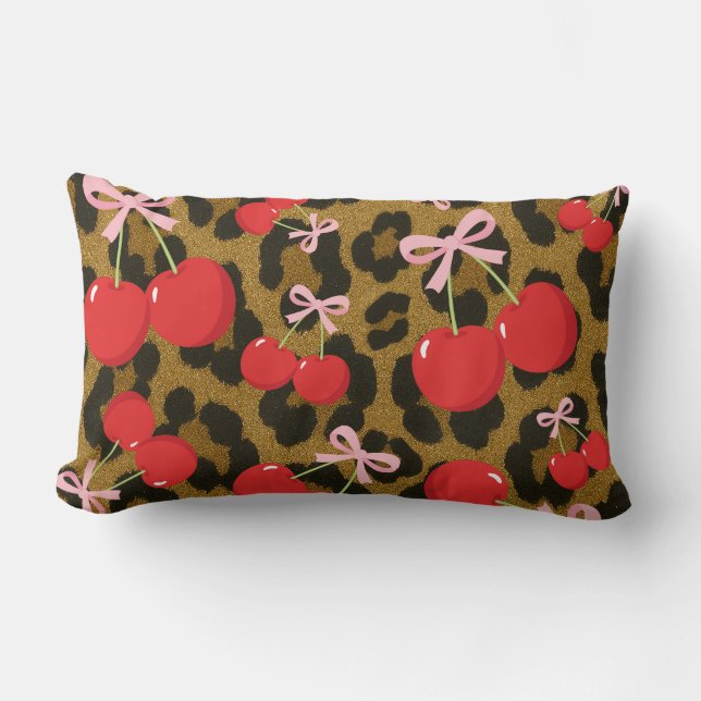 Almofada Lombar Cerejas Vermelhas com Laço Rosa Estampa de Leopard (Frente)