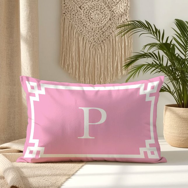 Almofada Lombar Chave Grega Monograma Rosa Claro e Branco (Light Pink and White Greek Key Monogram Lumbar Pillow)