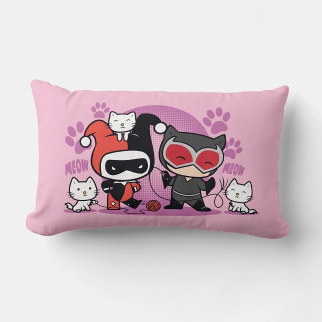 Almofada Lombar Chibi Harley Quinn & Chibi Catman Com Gatos (Frente)