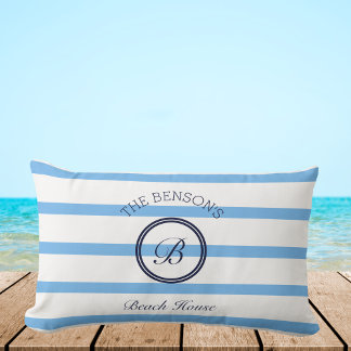 Almofada Lombar Chic Blue Stripes Monograma Family Beach House