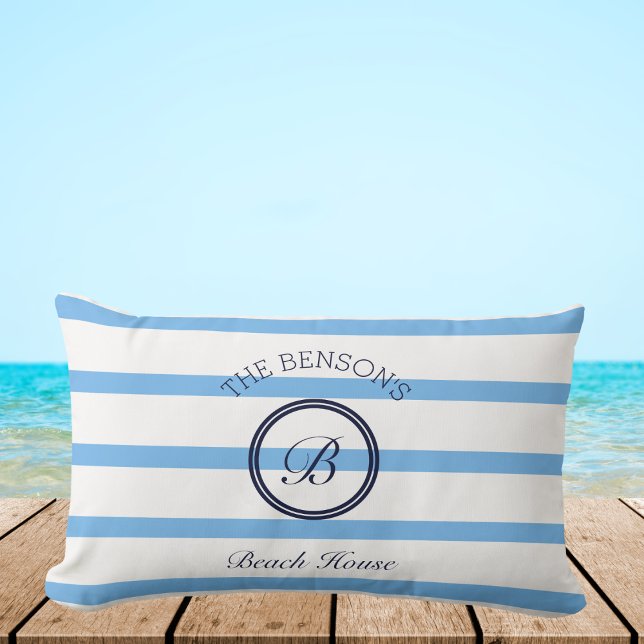 Almofada Lombar Chic Blue Stripes Monograma Family Beach House (Criador carregado)