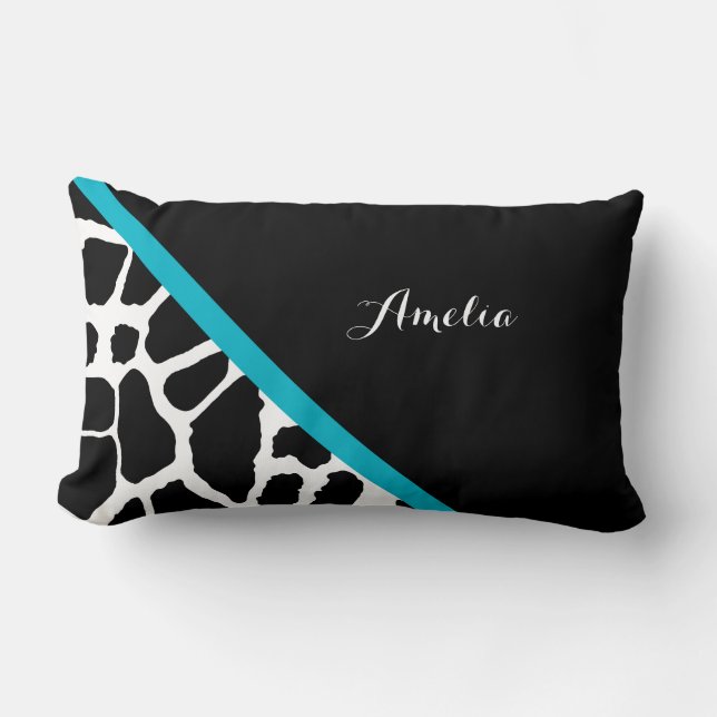 Almofada Lombar Chic Giraffe Impressão Aqua Blue Stripe Com Nome (Frente)
