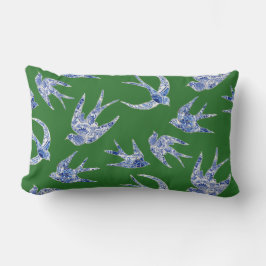 Almofada Lombar Chinoiserie Chic Floral Birds Blue Green Swallows