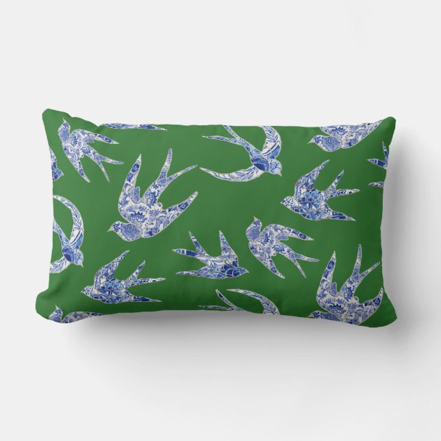 Almofada Lombar Chinoiserie Chic Floral Birds Blue Green Swallows (Frente)