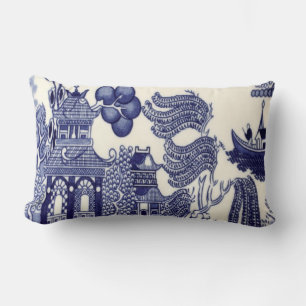 Almofada Lombar Chinoiserie Oriental Azul e Branca