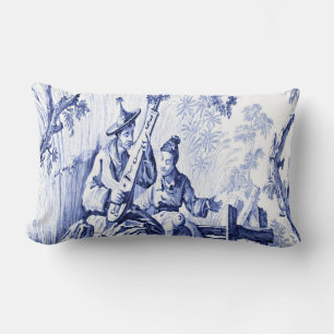 Almofada Lombar Chinoiserie Oriental Azul e Branca