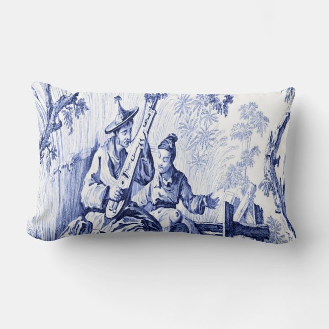 Almofada Lombar Chinoiserie Oriental Azul e Branca (Frente)