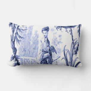 Almofada Lombar Chinoiserie Oriental Azul e Branca