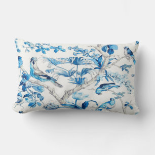 Almofada Lombar Chinoiserie Oriental de Pássaro Azul e Branco