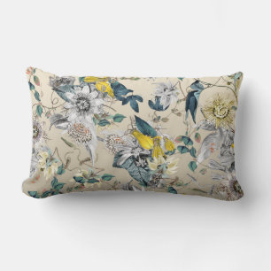 Almofada Lombar Cinza Amarela Elegante Botânica Vintage Floral