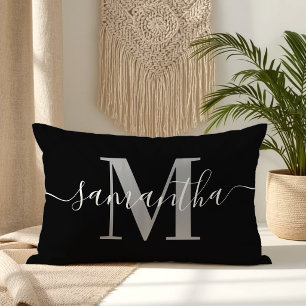 Almofada Lombar Cinza de Assinatura Elegante Monograma Moderno Pre