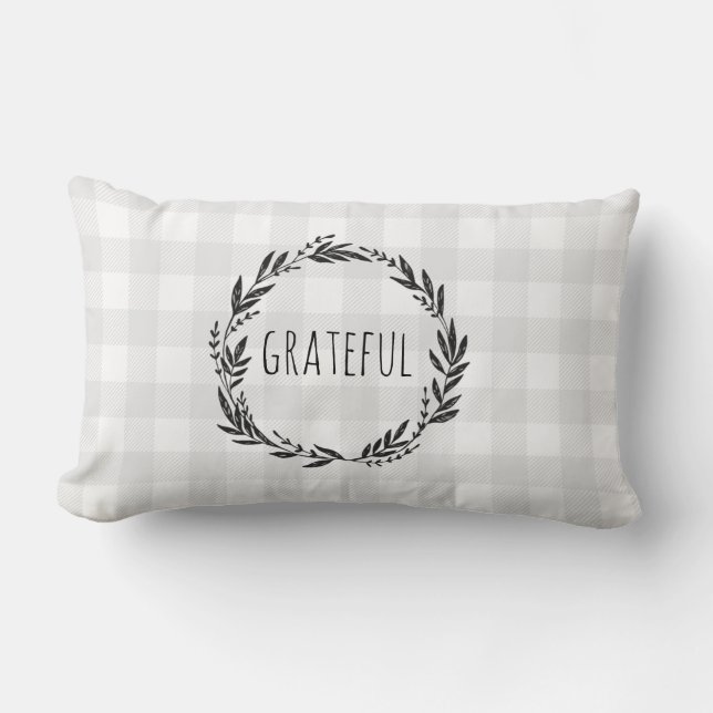 Almofada Lombar Cinza Grateful Gingham Check Wreath (Frente)
