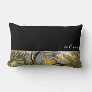 Almofada Lombar Cinza Preta e Floral Artístico Amarelo Monograma