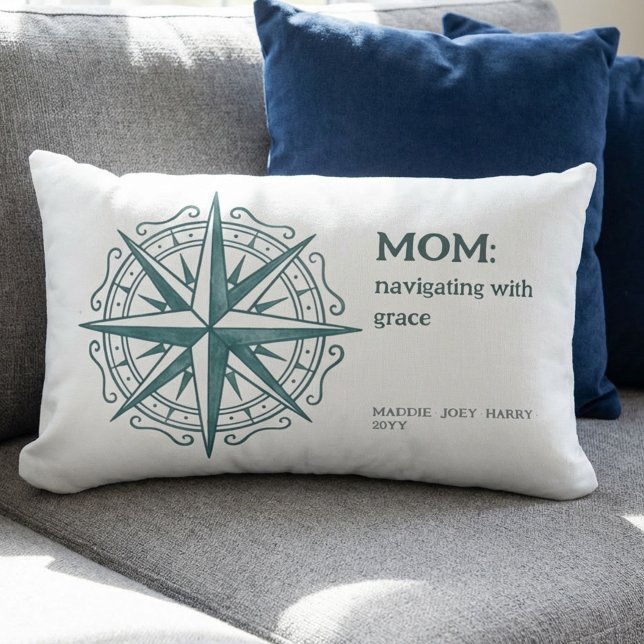 Almofada Lombar Citação da Mãe Rosa dos Ventos Legado Náutico (Nautical Mom pillow with Family Names - perfect for mother's day, birthday or just because!)