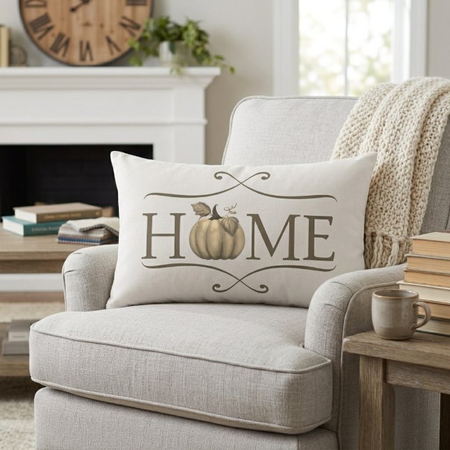 Almofada Lombar Citação de LAR de Casa Moderna Rústica de Outono c (Fall Modern Farmhouse HOME quote with Pumpkin Lumbar Pillow)